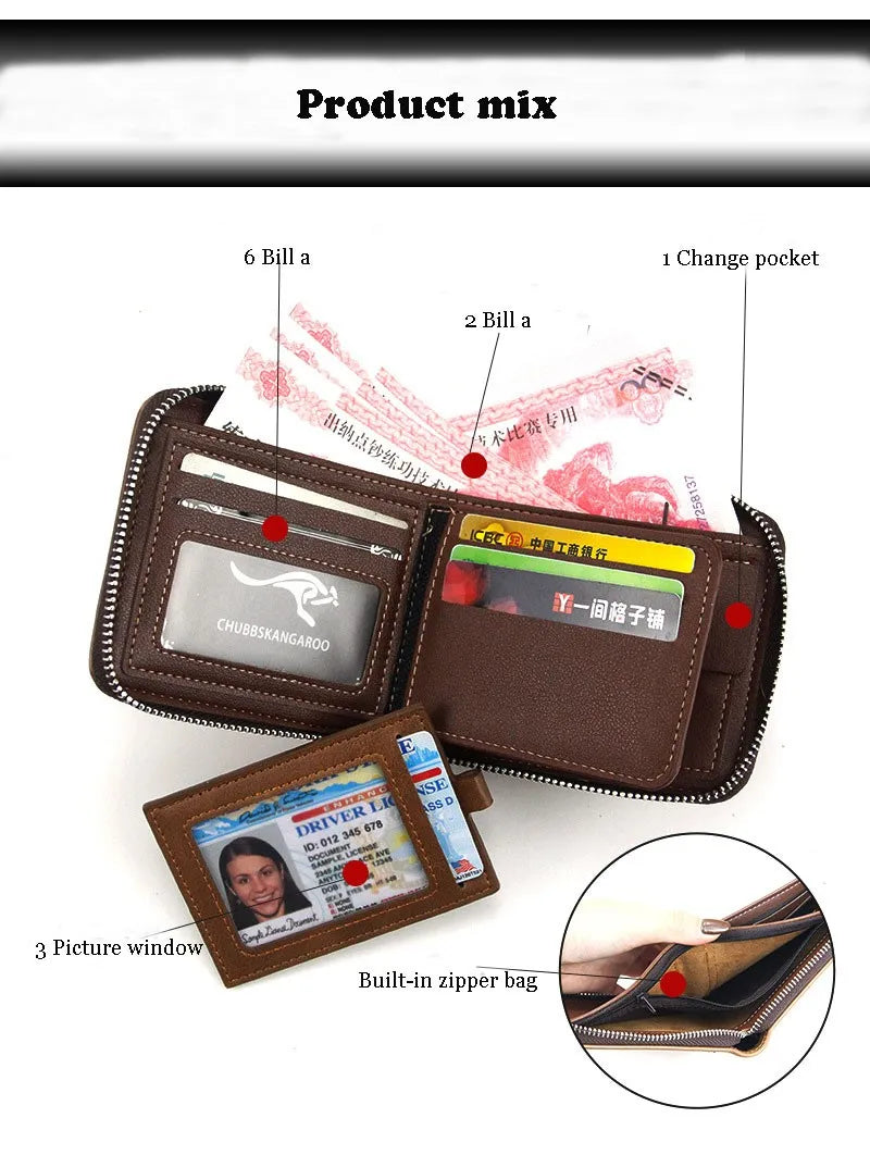 New Leather Men's Card holder Zipper Short Desigh Male Vintage pocket Wallets men's billeteras para hombre