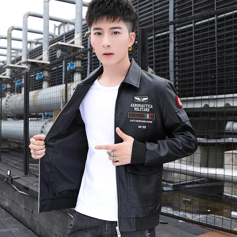 Embroidered Print Handsome Leather Jacket Lapel Fashion