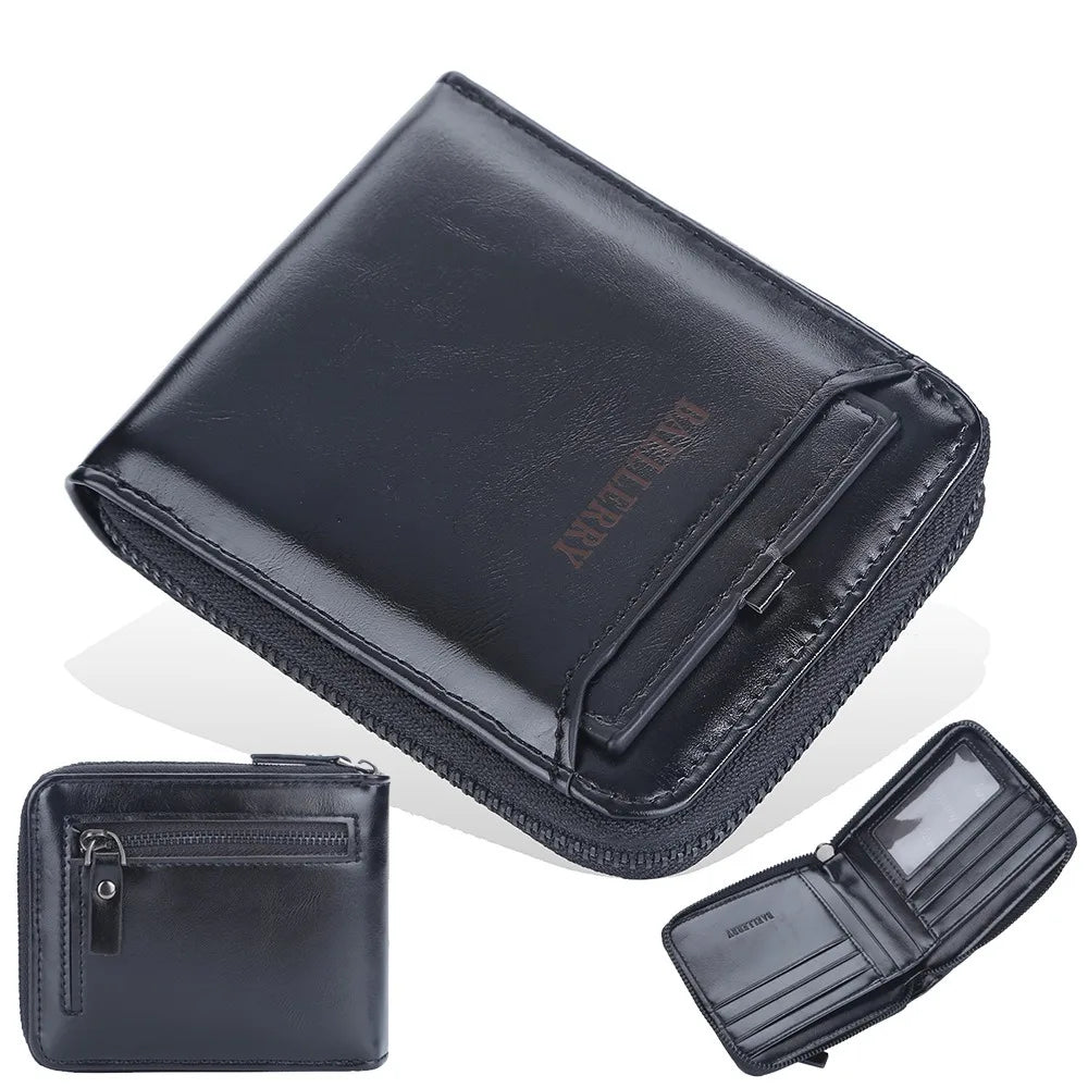 Compact Retro Wallet for Men Distressed PU Leather Zipper Coin Pocket Multi-Card Organizer Gift