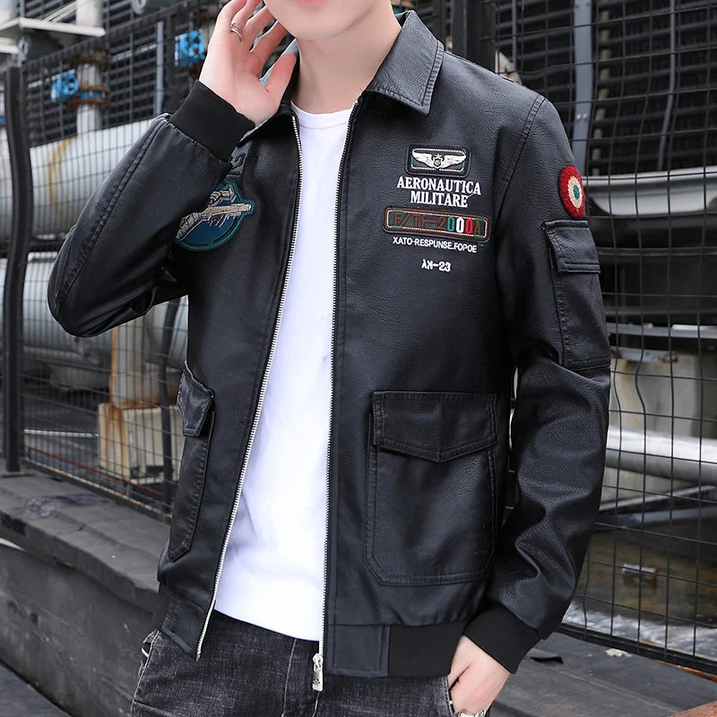 Embroidered Print Handsome Leather Jacket Lapel Fashion