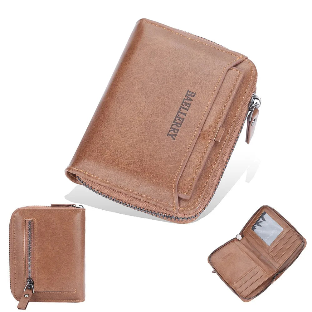 Compact Retro Wallet for Men Distressed PU Leather Zipper Coin Pocket Multi-Card Organizer Gift