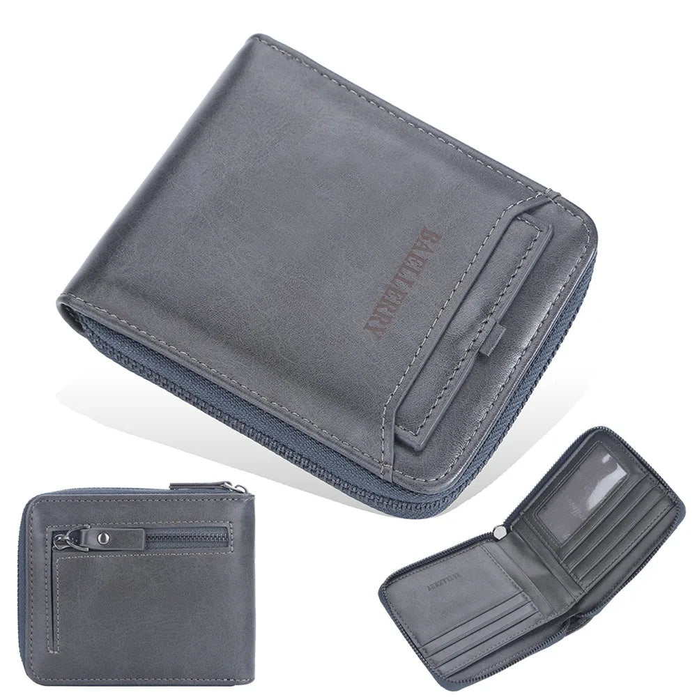 Compact Retro Wallet for Men Distressed PU Leather Zipper Coin Pocket Multi-Card Organizer Gift
