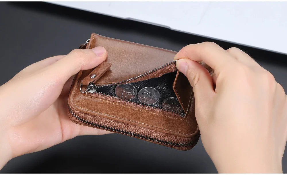 Compact Retro Wallet for Men Distressed PU Leather Zipper Coin Pocket Multi-Card Organizer Gift