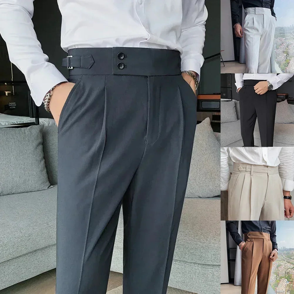 Men's High Waist Trousers Casual Work Suit Pants Belt Waistline Straight Slim Fit Bott