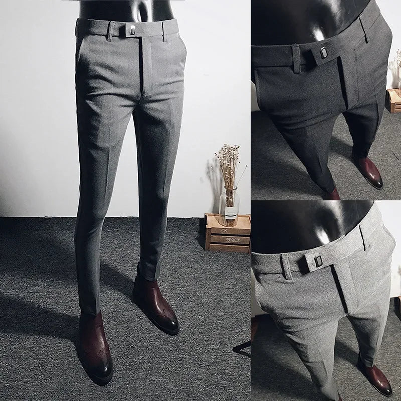 Casual Business Men's Black Stretchy Cropped Pants Trendy Korean Style Slim Fit Men's Suit Pants Summer Wear