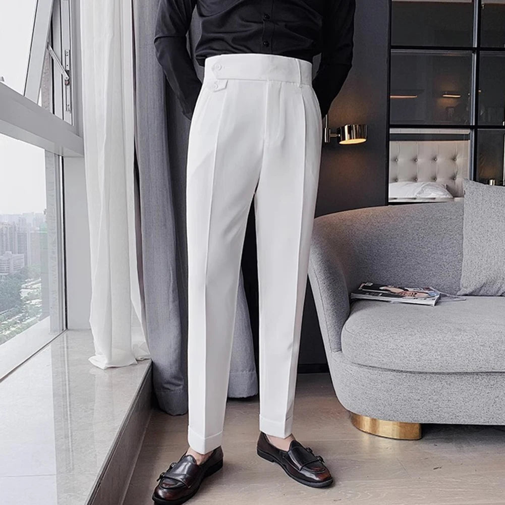 Men's High Waist Trousers Casual Work Suit Pants Belt Waistline Straight Slim Fit Bott