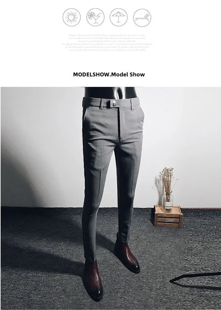 Casual Business Men's Black Stretchy Cropped Pants Trendy Korean Style Slim Fit Men's Suit Pants Summer Wear