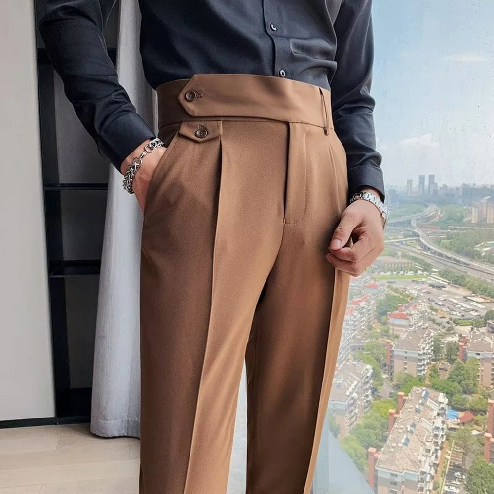 Men's High Waist Trousers Casual Work Suit Pants Belt Waistline Straight Slim Fit Bott