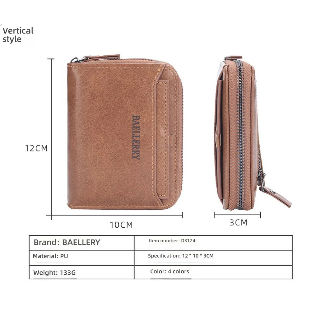 Compact Retro Wallet for Men Distressed PU Leather Zipper Coin Pocket Multi-Card Organizer Gift