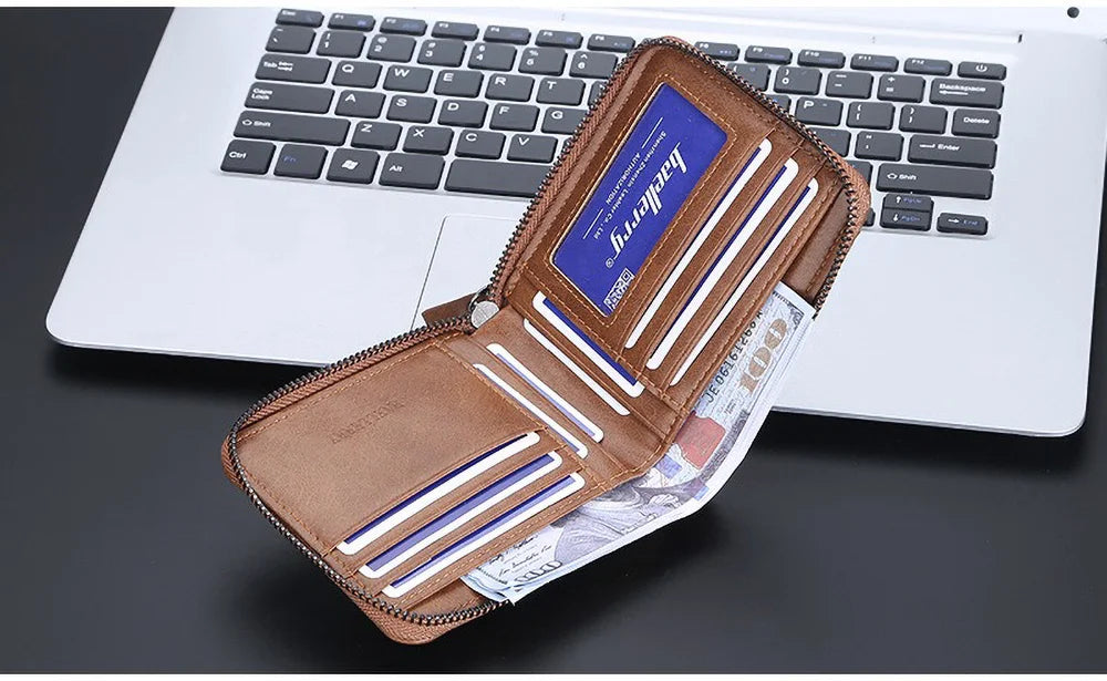 Compact Retro Wallet for Men Distressed PU Leather Zipper Coin Pocket Multi-Card Organizer Gift