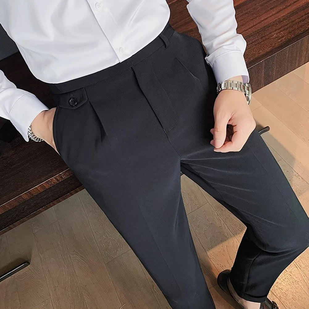 Men's High Waist Trousers Casual Work Suit Pants Belt Waistline Straight Slim Fit Bott