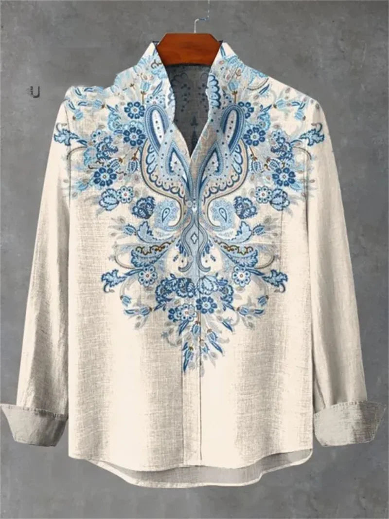 Men's Suit Retro Pattern Lapel Long Sleeved Button Printed Top Fashionable Streetwear Designer Western Style