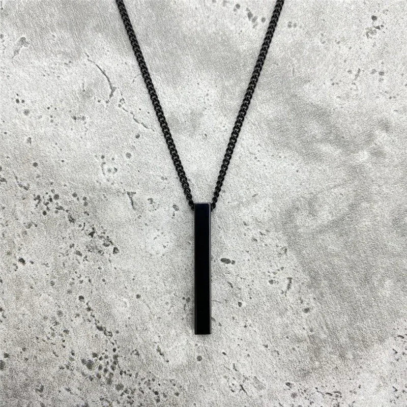 Waterproof 3D Vertical Bar Necklaces for Men, Minimalist Stainless Steel Geometric Pendant with Box Chain, Male Collar Jewelry