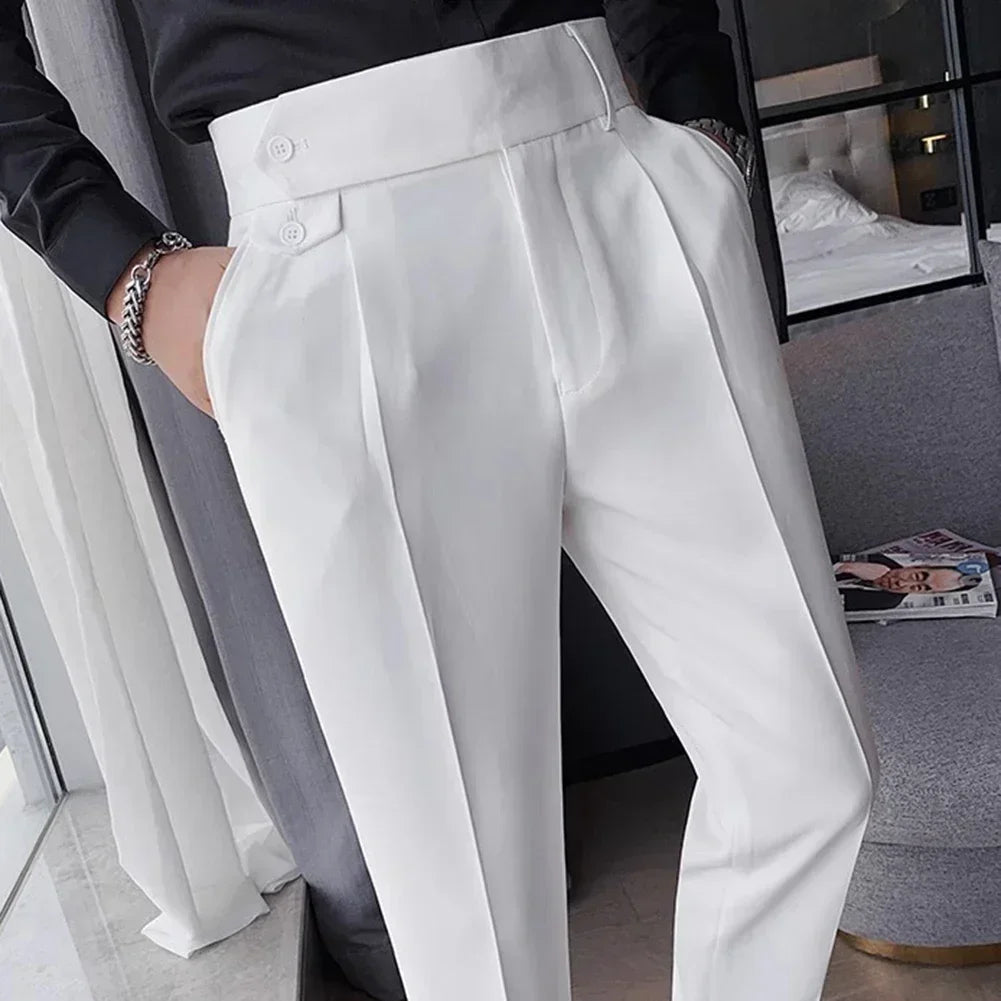 Men's High Waist Trousers Casual Work Suit Pants Belt Waistline Straight Slim Fit Bott