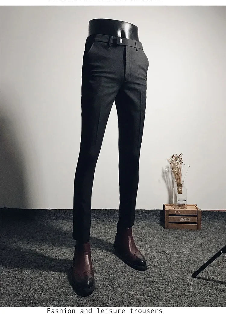 Casual Business Men's Black Stretchy Cropped Pants Trendy Korean Style Slim Fit Men's Suit Pants Summer Wear