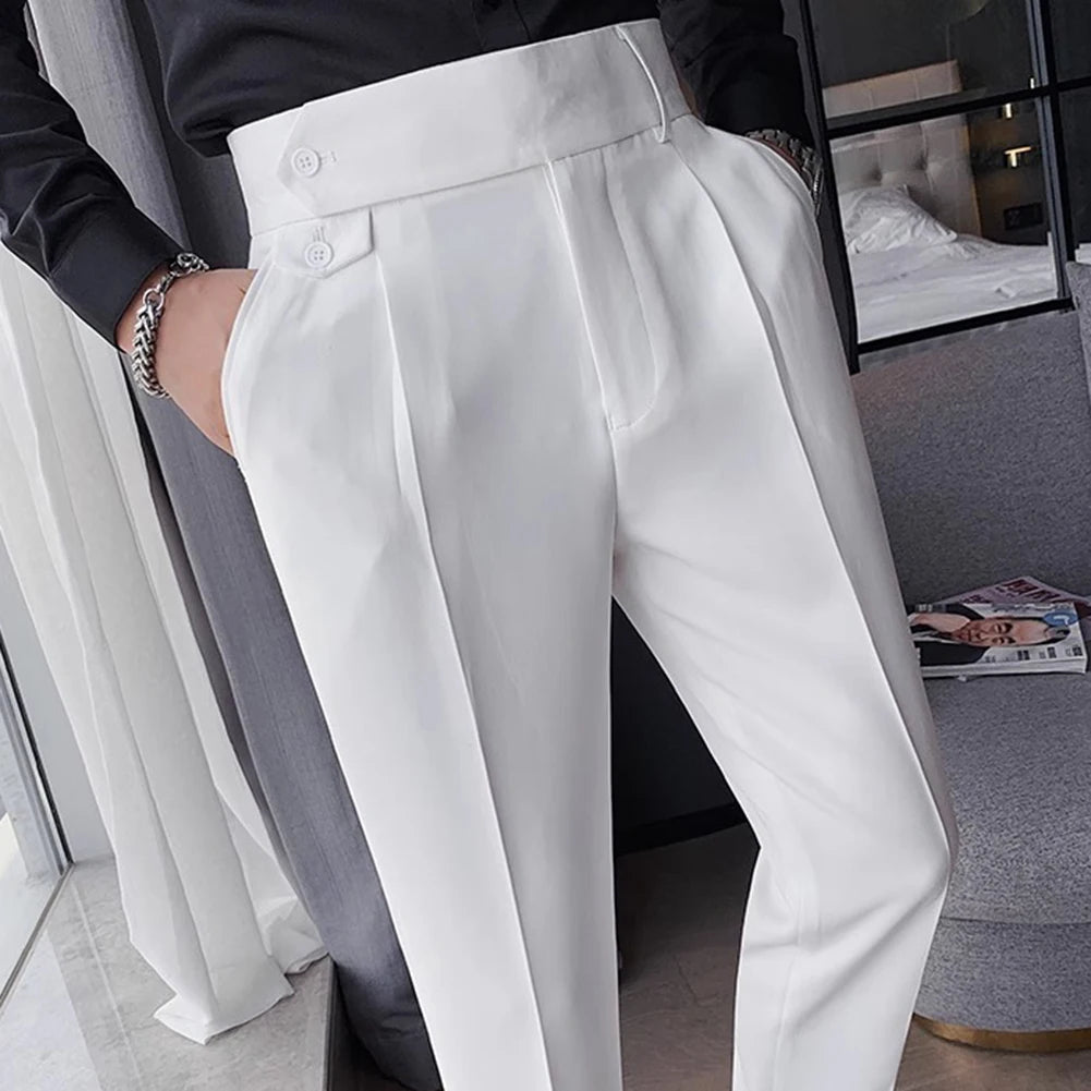 Men's High Waist Trousers Casual Work Suit Pants Belt Waistline Straight Slim Fit Bott