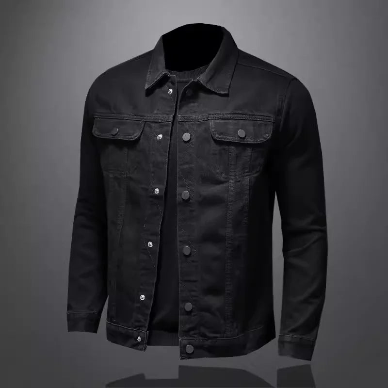 Men's High-Quality Fashion Black Denim Jacket Handsome Trend Button Multi-Pocket Solid Color for Casual Wear
