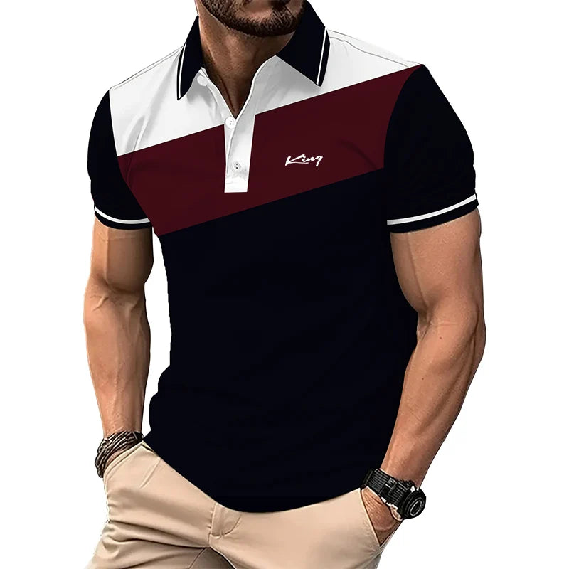 Fashion Business Casual Lapel Polo Shirt Men Short Sleeve Spell Color 3D Digital.