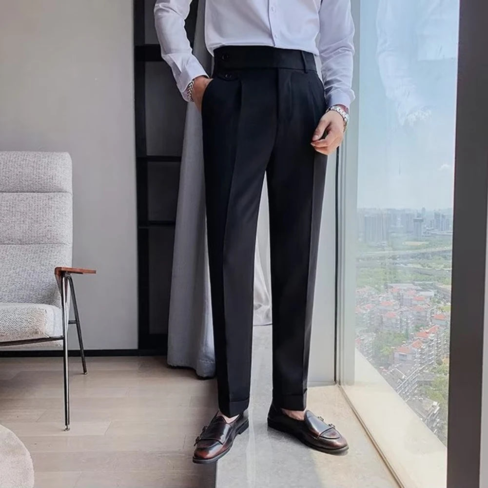 Men's High Waist Trousers Casual Work Suit Pants Belt Waistline Straight Slim Fit Bott