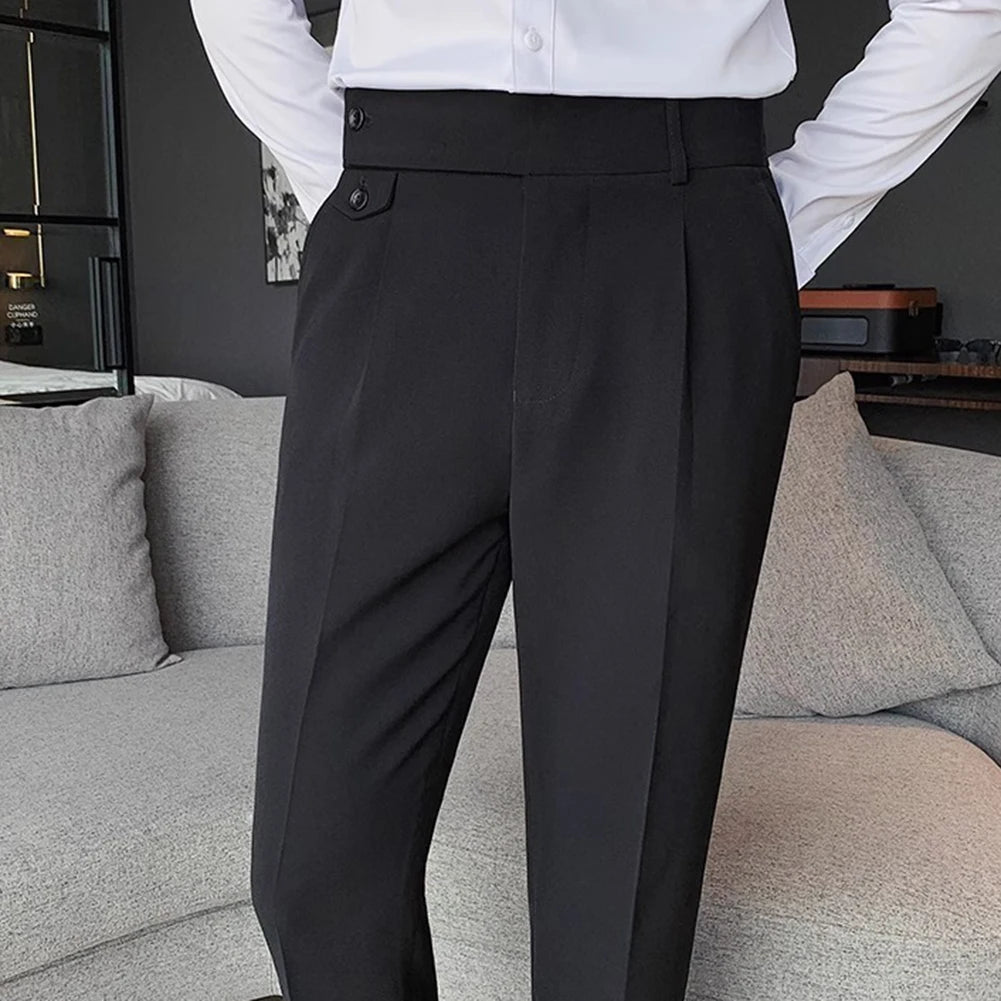 Men's High Waist Trousers Casual Work Suit Pants Belt Waistline Straight Slim Fit Bott