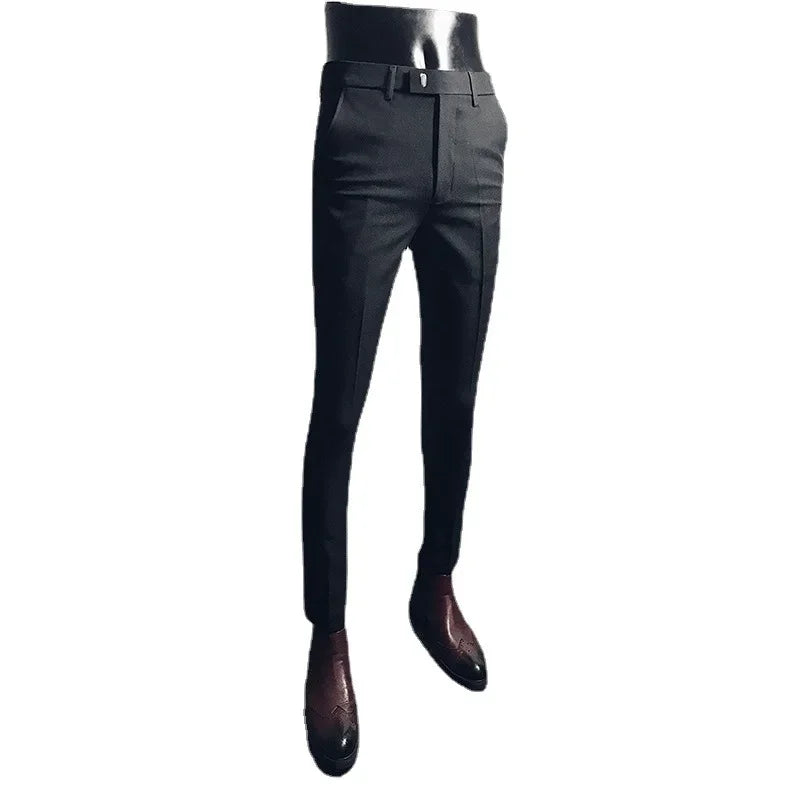 Casual Business Men's Black Stretchy Cropped Pants Trendy Korean Style Slim Fit Men's Suit Pants Summer Wear
