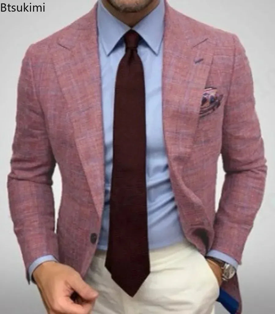 2025 Men's Plaid Blazer Jacket England Style Retro Long Sleeve Business Office Suit Jacket Fashion Simple Outerwear Jacket Male