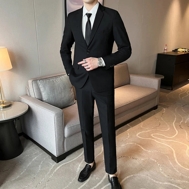 Suits for Men Korean Fashion Long Sleeve Slim Fit Wedding Business Blazer Black