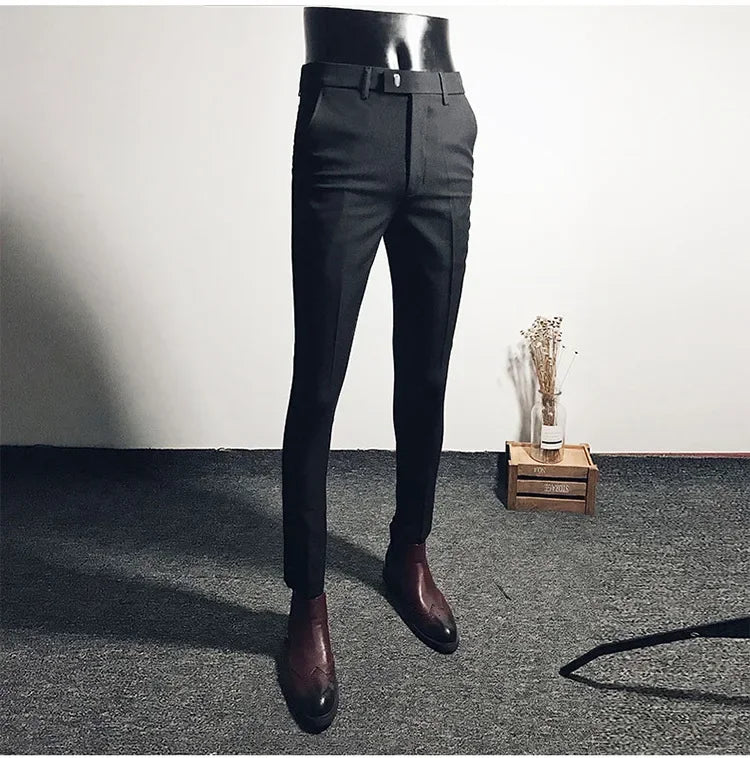 Casual Business Men's Black Stretchy Cropped Pants Trendy Korean Style Slim Fit Men's Suit Pants Summer Wear