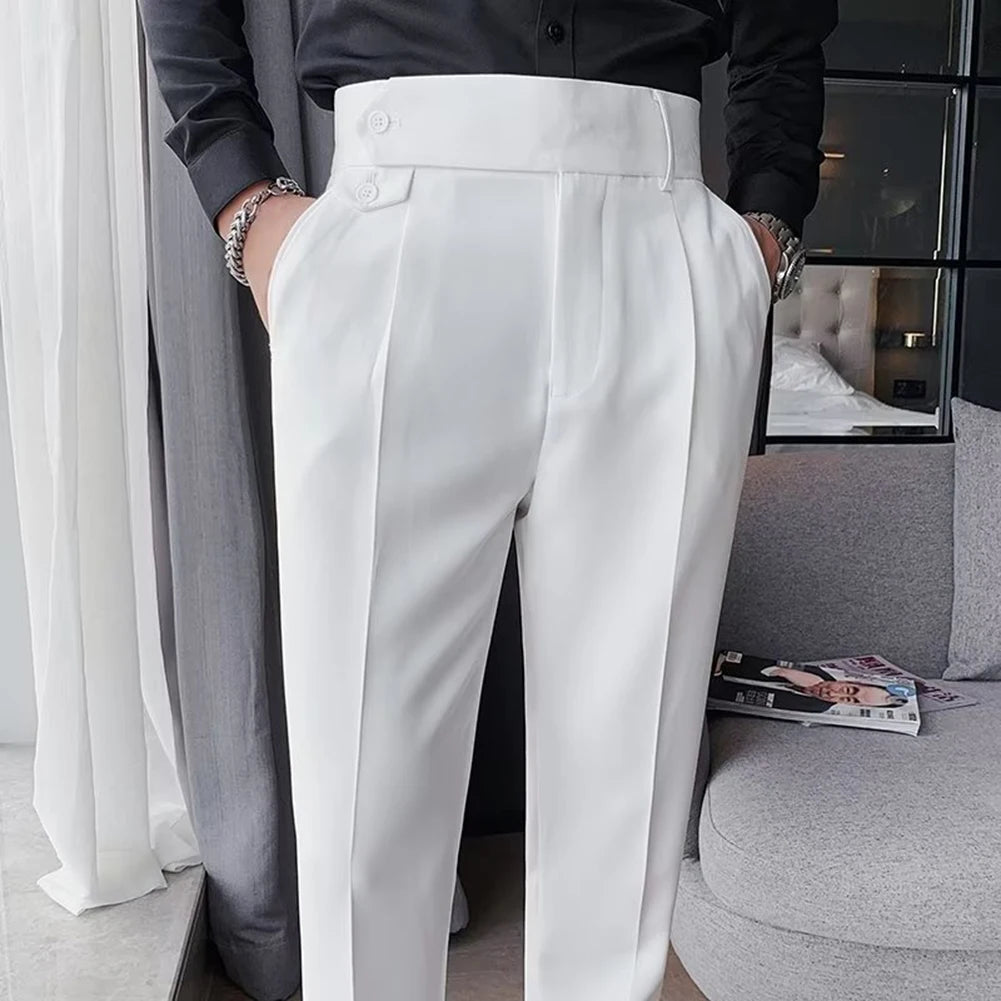 Men's High Waist Trousers Casual Work Suit Pants Belt Waistline Straight Slim Fit Bott
