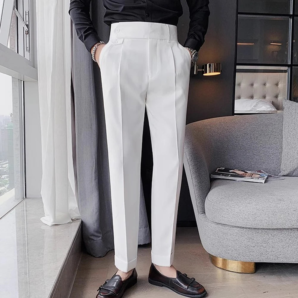 Men's High Waist Trousers Casual Work Suit Pants Belt Waistline Straight Slim Fit Bott