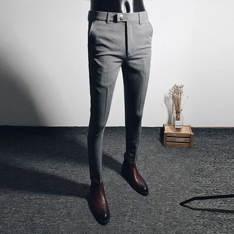 Casual Business Men's Black Stretchy Cropped Pants Trendy Korean Style Slim Fit Men's Suit Pants Summer Wear