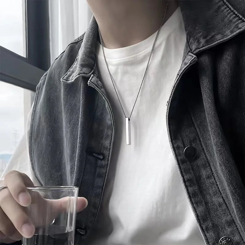 Waterproof 3D Vertical Bar Necklaces for Men, Minimalist Stainless Steel Geometric Pendant with Box Chain, Male Collar Jewelry