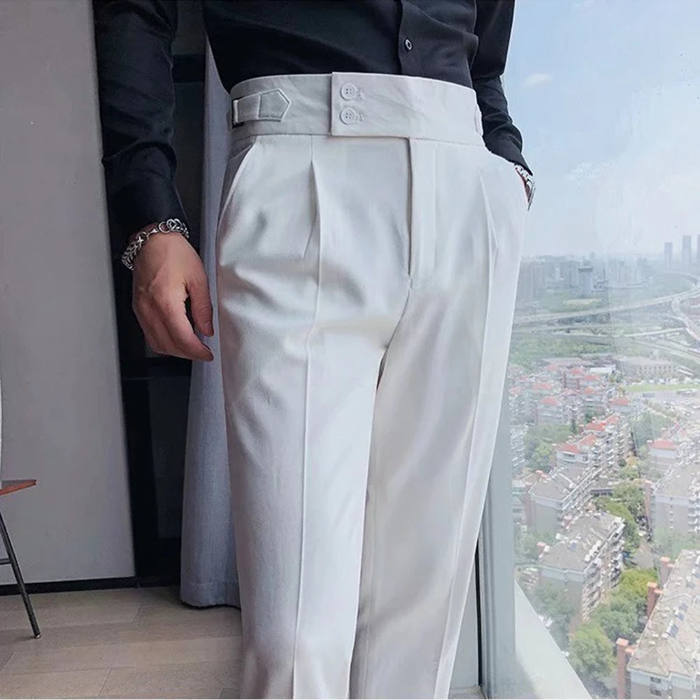Men's High Waist Trousers Casual Work Suit Pants Belt Waistline Straight Slim Fit Bott