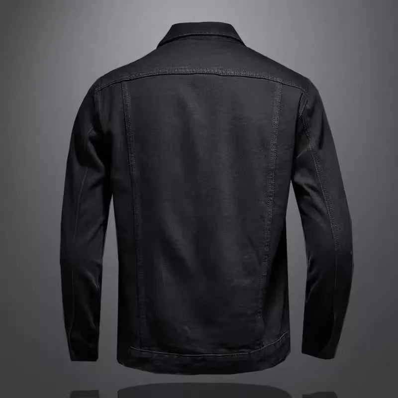 Men's High-Quality Fashion Black Denim Jacket Handsome Trend Button Multi-Pocket Solid Color for Casual Wear