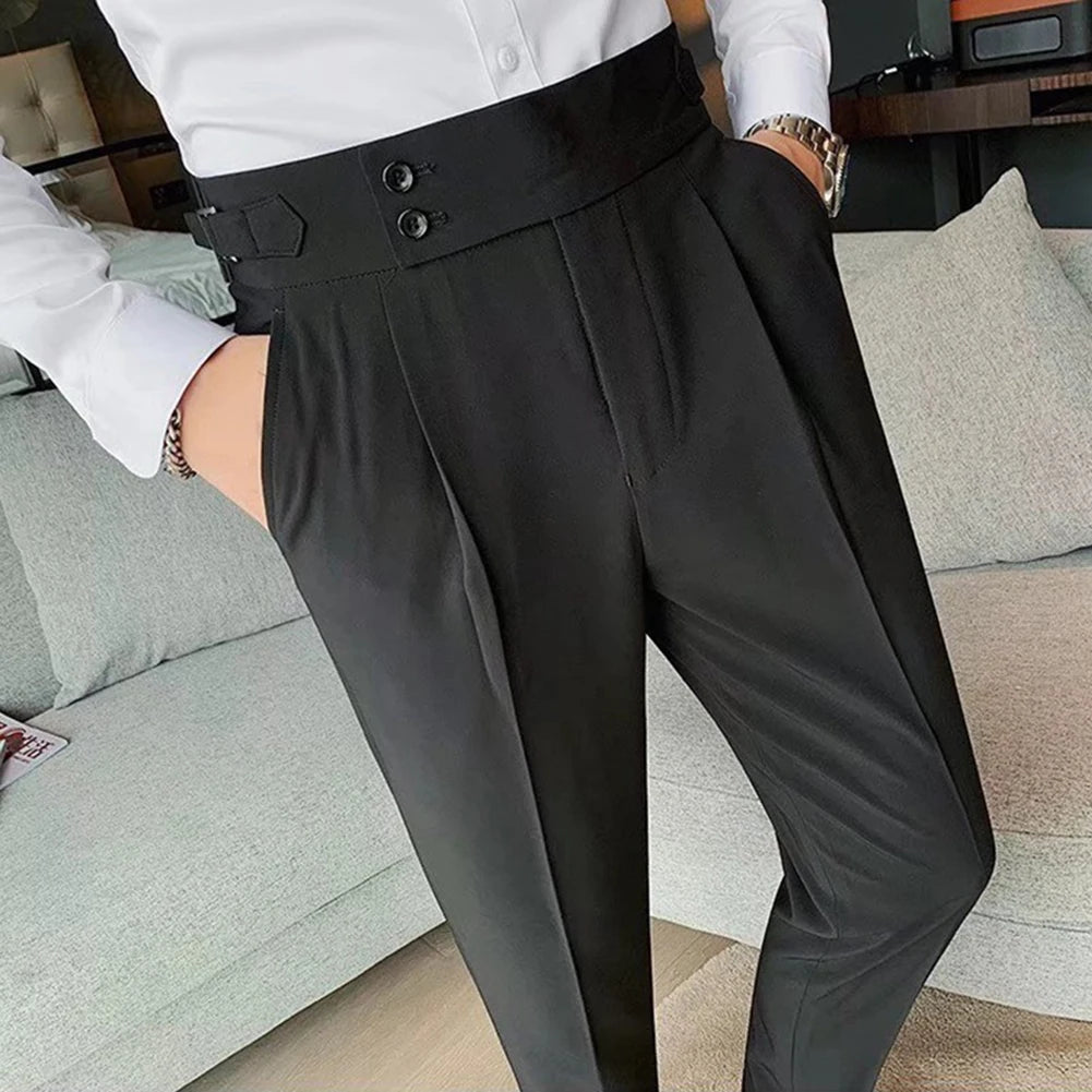 Men's High Waist Trousers Casual Work Suit Pants Belt Waistline Straight Slim Fit Bott