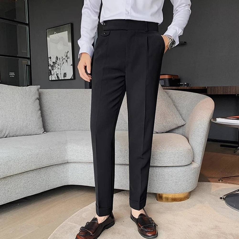 Men's High Waist Trousers Casual Work Suit Pants Belt Waistline Straight Slim Fit Bott