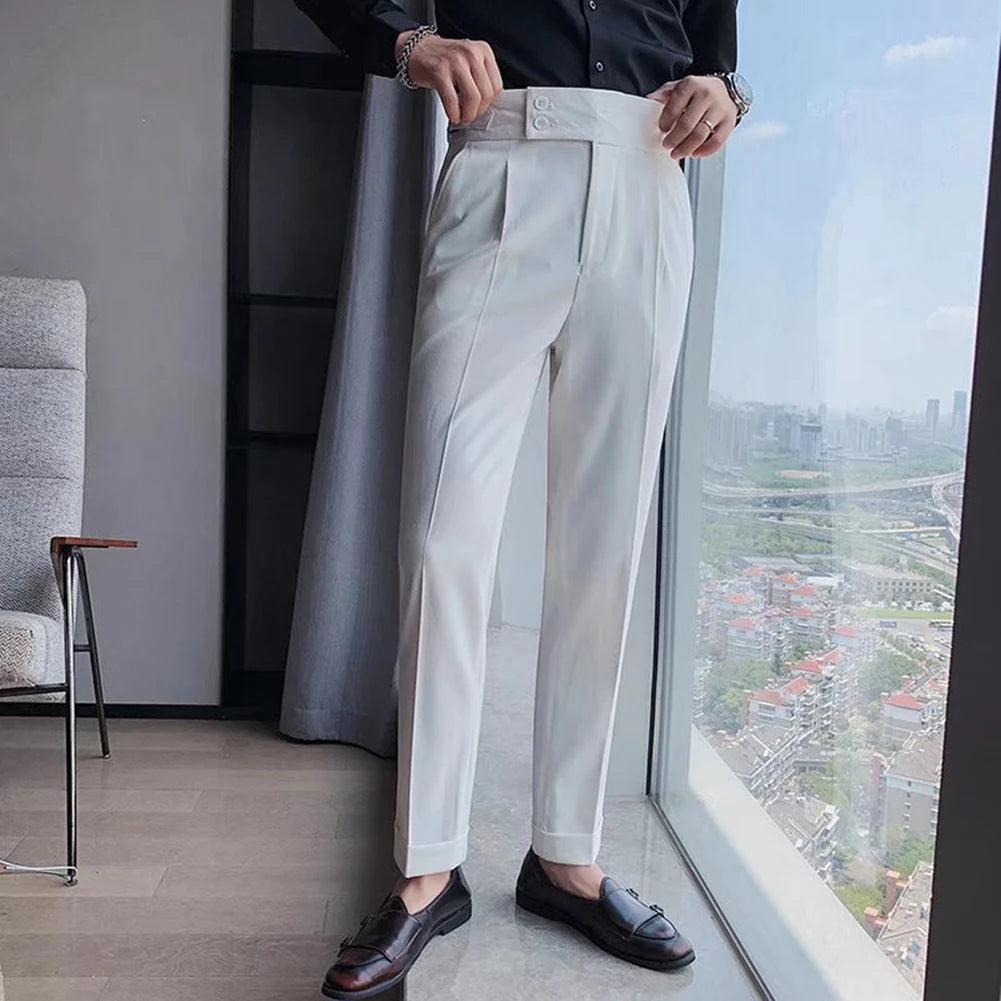 Men's High Waist Trousers Casual Work Suit Pants Belt Waistline Straight Slim Fit Bott