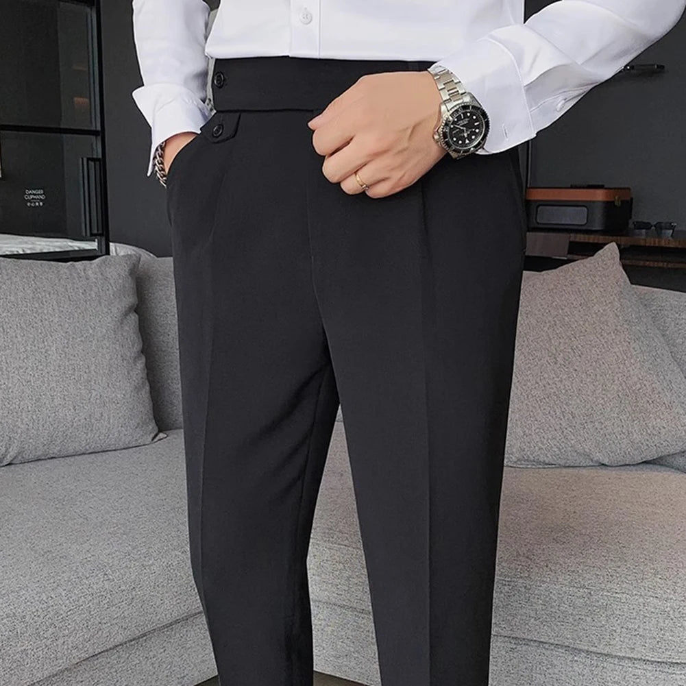Men's High Waist Trousers Casual Work Suit Pants Belt Waistline Straight Slim Fit Bott