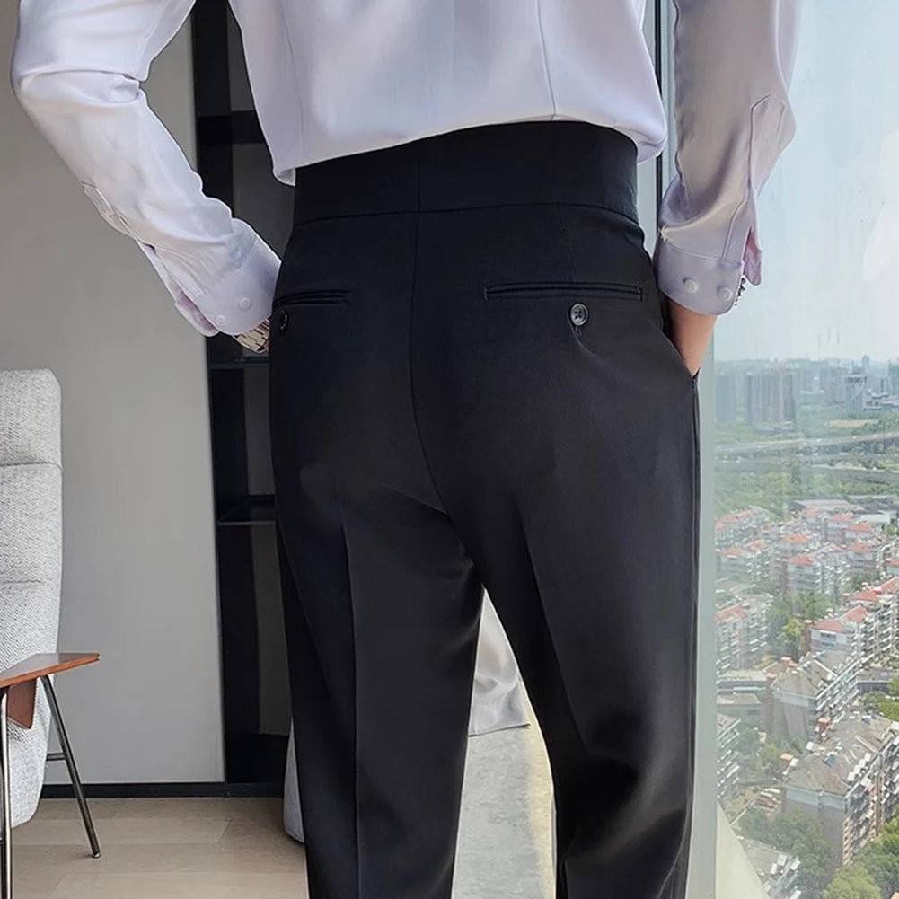Men's High Waist Trousers Casual Work Suit Pants Belt Waistline Straight Slim Fit Bott
