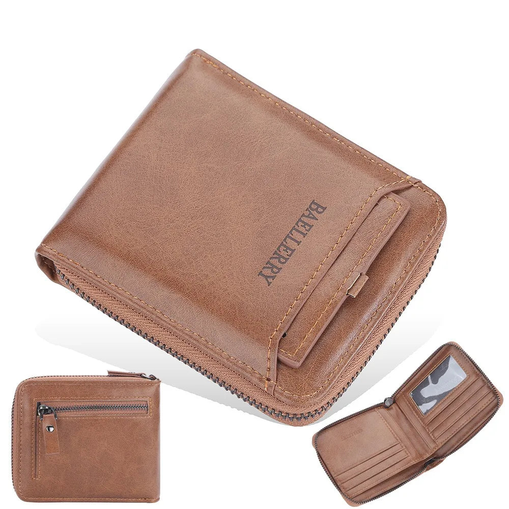 Compact Retro Wallet for Men Distressed PU Leather Zipper Coin Pocket Multi-Card Organizer Gift