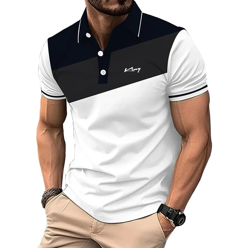Fashion Business Casual Lapel Polo Shirt Men Short Sleeve Spell Color 3D Digital.