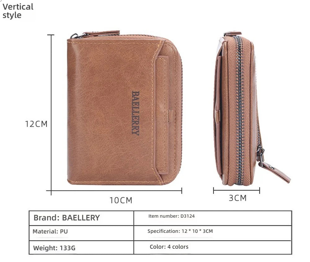 Compact Retro Wallet for Men Distressed PU Leather Zipper Coin Pocket Multi-Card Organizer Gift
