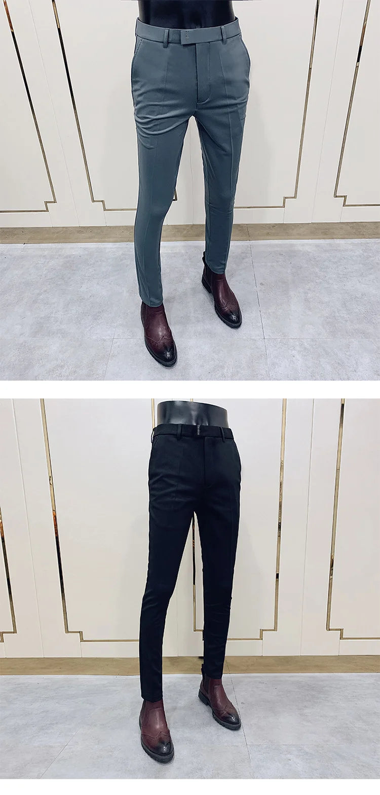 New Style Men's Casual Small Foot Elastic Suit Pants Simple Solid Color