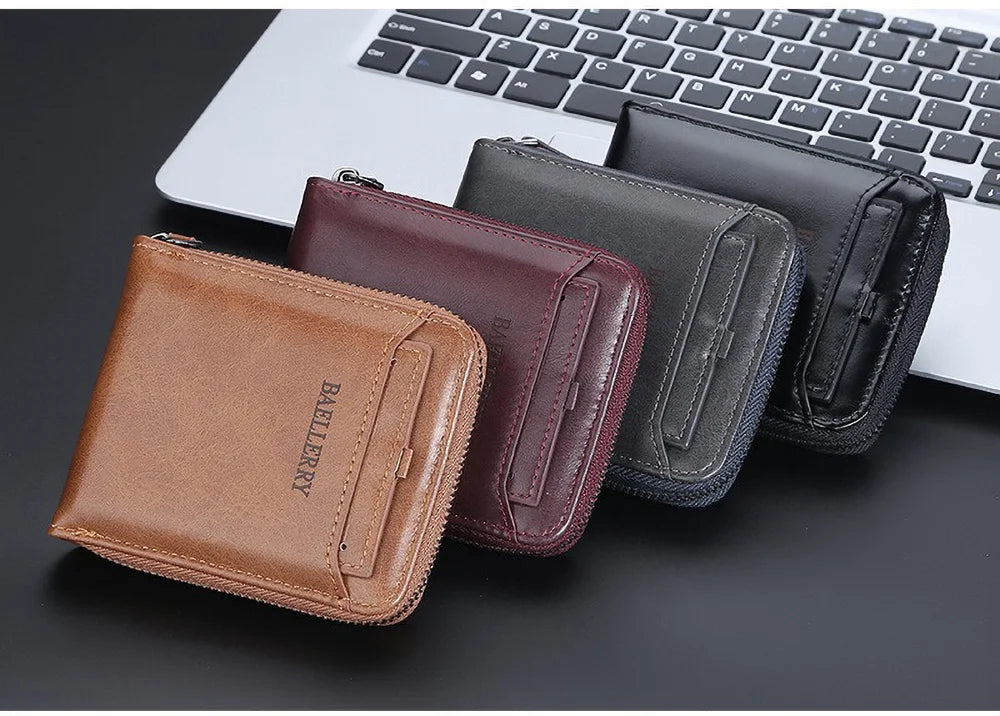 Compact Retro Wallet for Men Distressed PU Leather Zipper Coin Pocket Multi-Card Organizer Gift