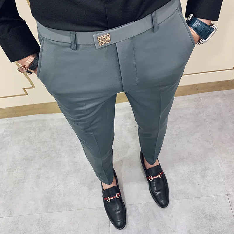 New Style Men's Casual Small Foot Elastic Suit Pants Simple Solid Color