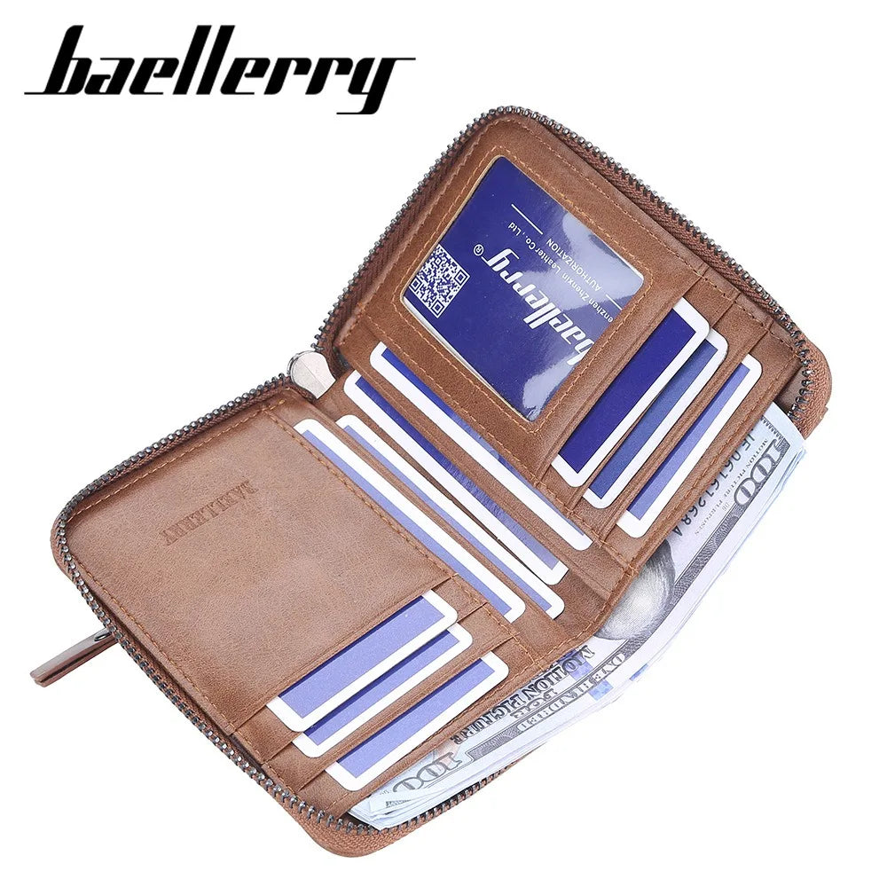 Compact Retro Wallet for Men Distressed PU Leather Zipper Coin Pocket Multi-Card Organizer Gift
