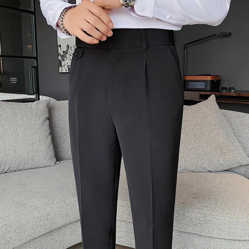 Men's High Waist Trousers Casual Work Suit Pants Belt Waistline Straight Slim Fit Bott