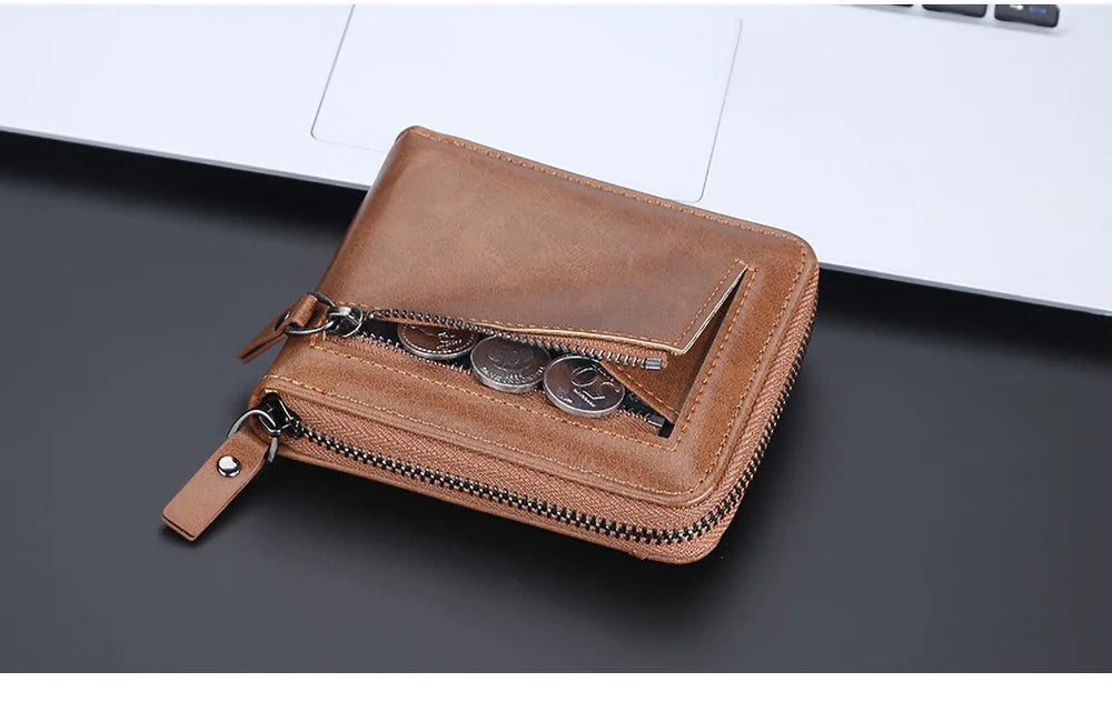 Compact Retro Wallet for Men Distressed PU Leather Zipper Coin Pocket Multi-Card Organizer Gift