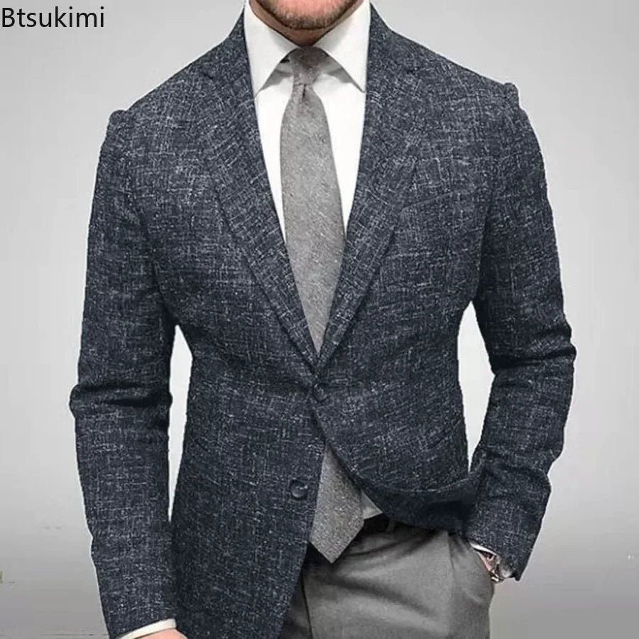 2025 Men's Plaid Blazer Jacket England Style Retro Long Sleeve Business Office Suit Jacket Fashion Simple Outerwear Jacket Male
