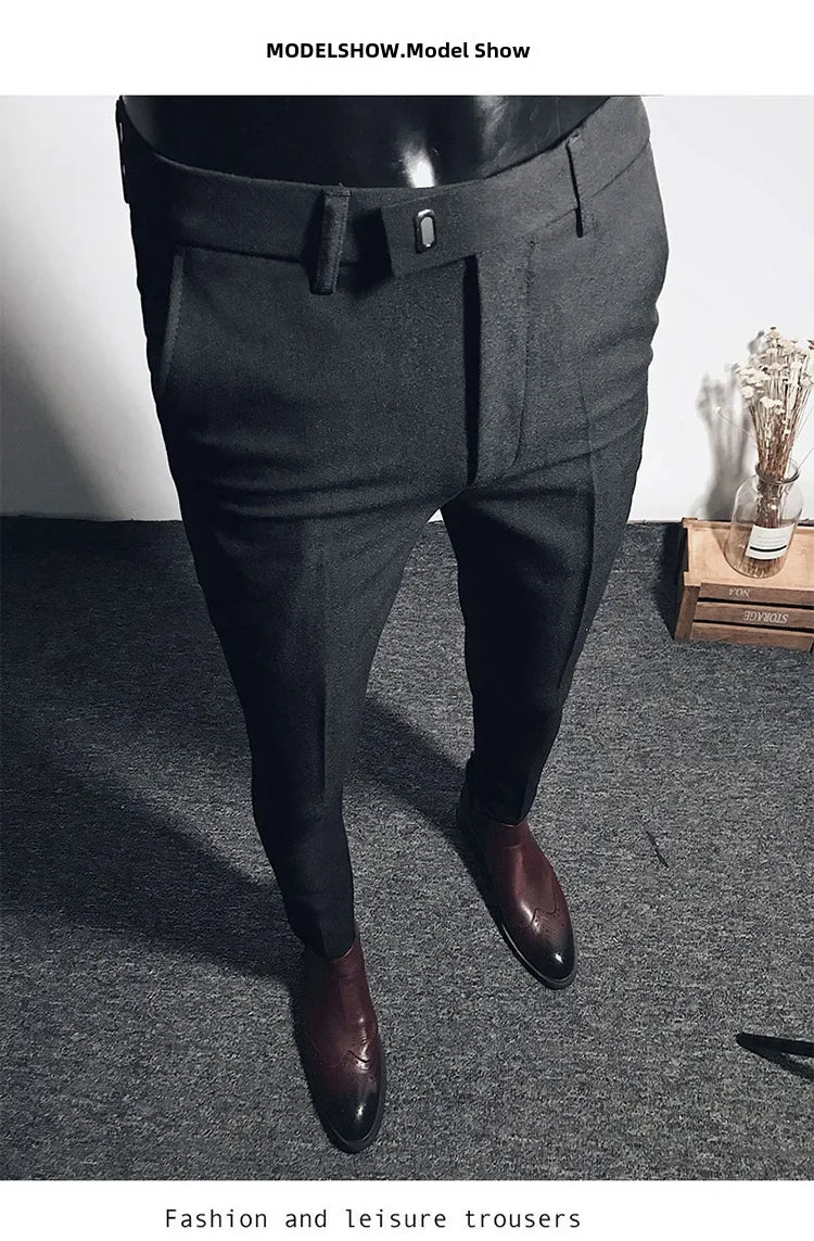 Casual Business Men's Black Stretchy Cropped Pants Trendy Korean Style Slim Fit Men's Suit Pants Summer Wear